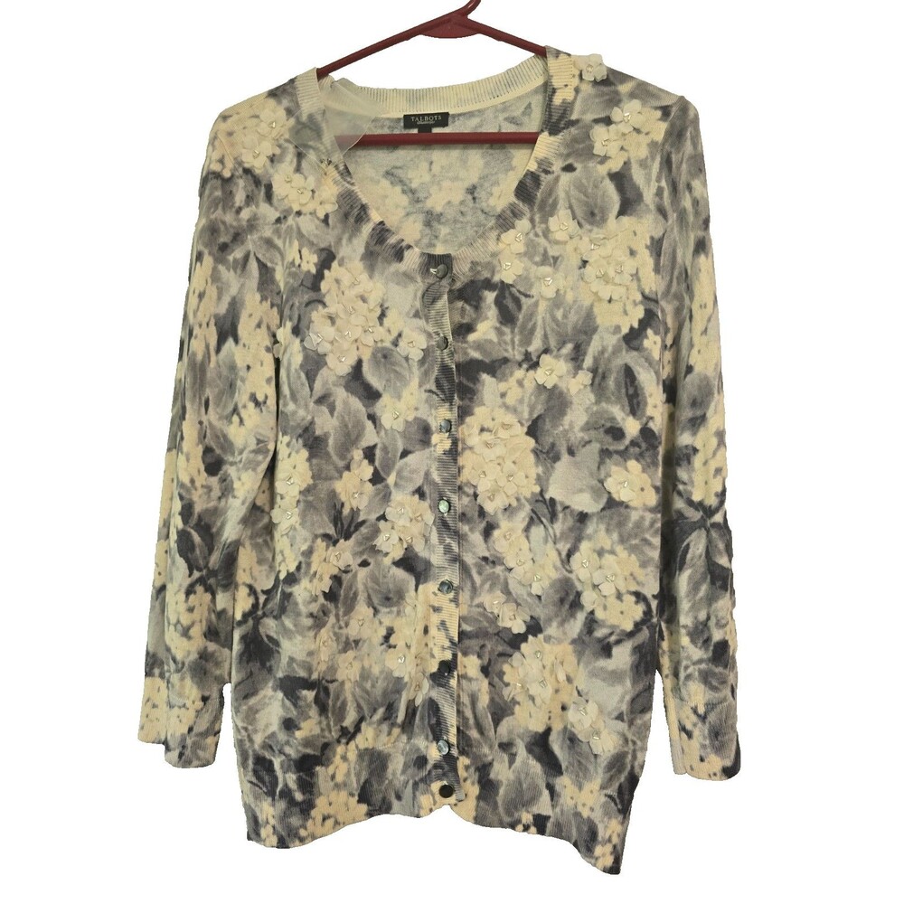 Talbots Medium Womens Cardigan Sweater Gray Floral Silk Beaded Button Up NWOT